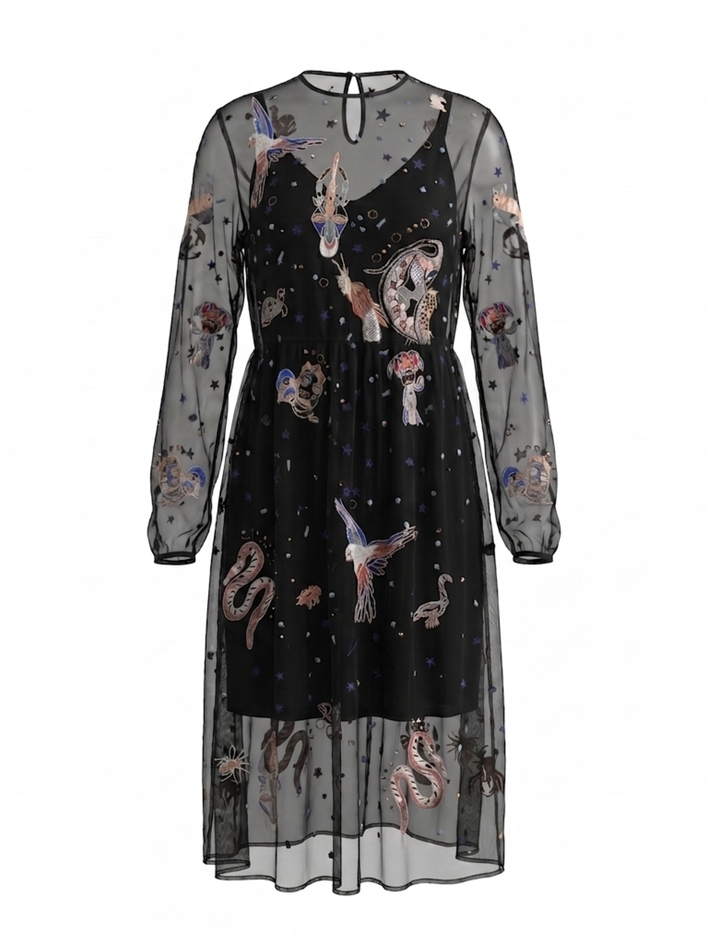 Zara Astrological Animal Black Embroidered‎ Sheer Long-Sleeve Midi Dress - Picture 2 of 7